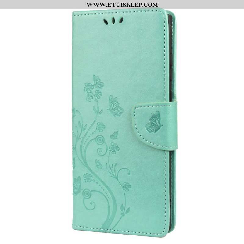 Etui Folio do Samsung Galaxy S22 Ultra 5G Motyle I Kwiaty Z Smyczem